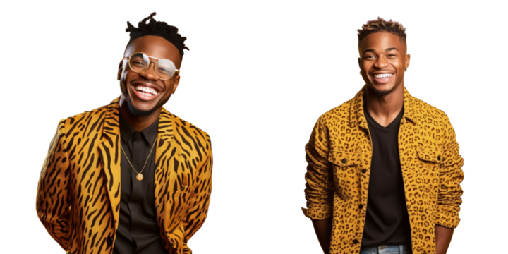 Smiling young African American man in animal print jacket isolated on transparent background Happy black male pointing at camera screen with copy space Fashionable style - Powered by Adobe