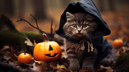 Fototapeta premium Autumn Forest: Kitten in Witch's Hat.