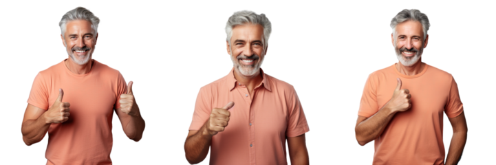 Middle aged man smiling and giving thumbs up wearing a peach shirt indicating he is okay