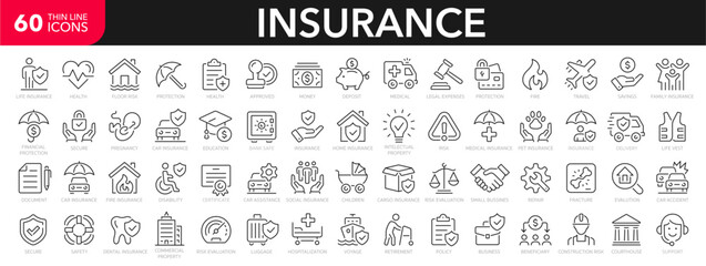 Insurance icons set. Assurance and insurance 60 outline icons collection. Life, medical, car, travel, house, healthcare, money and social insurance - stock vector. - obrazy, fototapety, plakaty