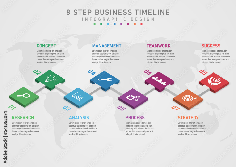 Poster 3d infographic 8 steps to business planning for success multi colored isometric squares, top white i