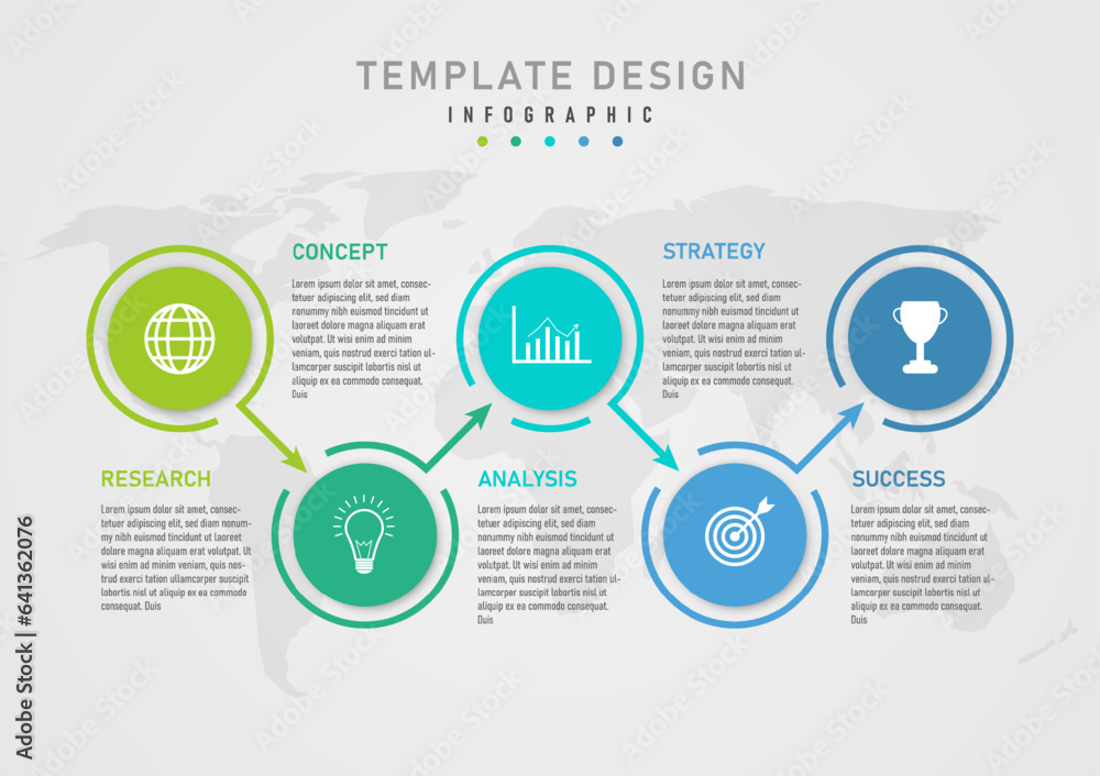 Poster infographic template 5 step business plan multicolored circles with white icons above circle border 