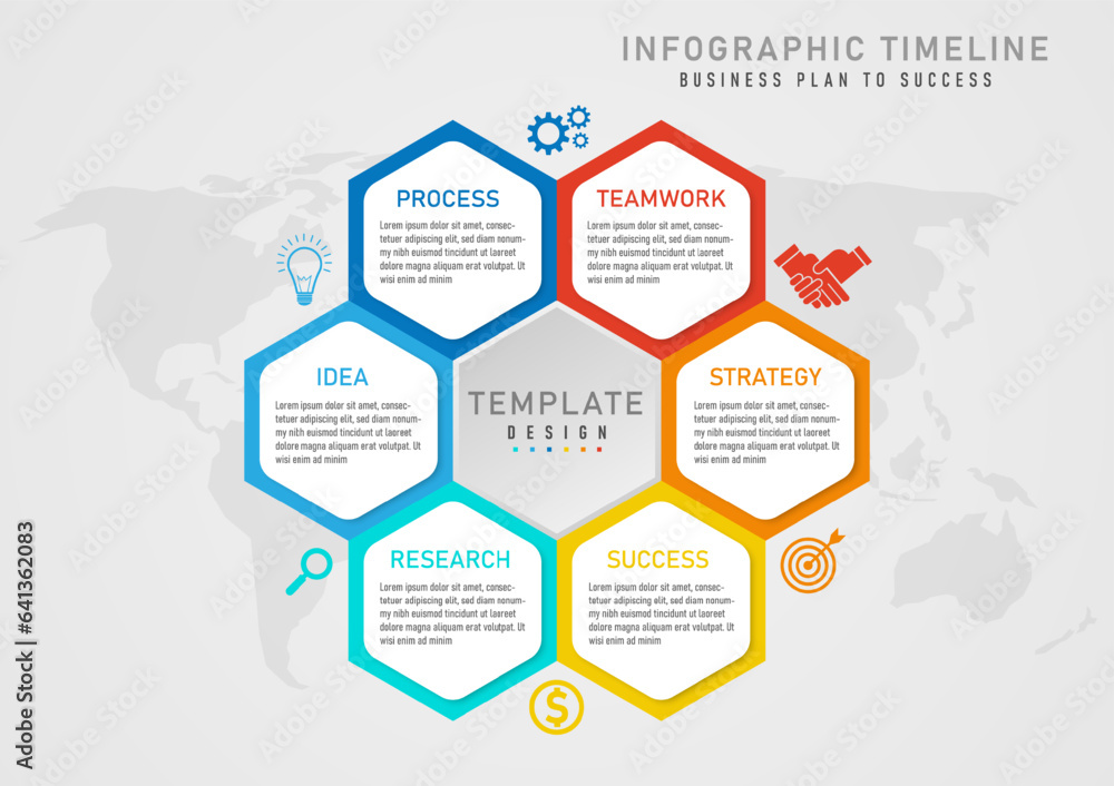 Poster 6 step business planning infographic to success multi colored hexagons center text on a white backgr