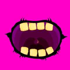 Vector cartoon funny zombie monster open mouth with rotten teeth isolated on pink background. Vector Halloween greeting card with funne pink monster mouth. Cartoon vampire and witch fangs
