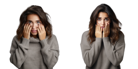 A brunette woman in a casual sweater looking shocked and embarrassed covering her face with her hand