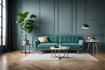 Stylish and scandinavian composition of living room interior. Template. Cozy home decor. Eucalyptus color.