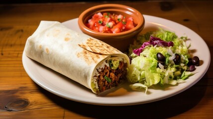 Mexican food burrito on a white plate on a wooden table next to a small bowl with sauce and salad, traditional style, selective focus.