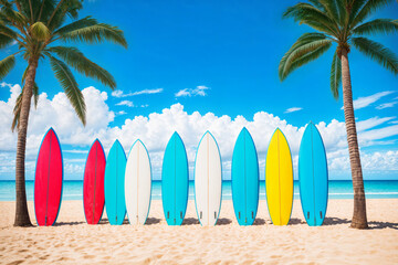 surfboards in sand on the beach with palm trees and blue sky