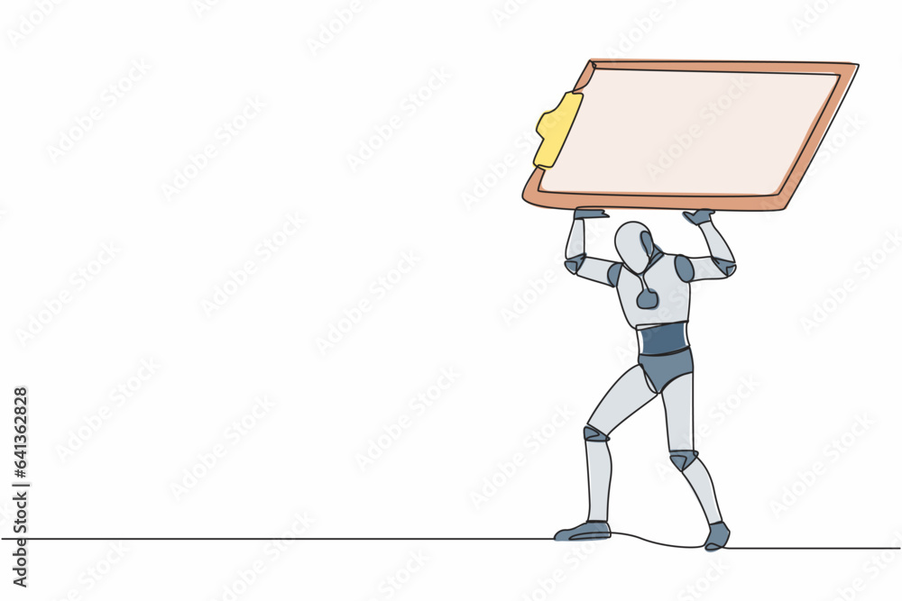 Poster continuous one line drawing tired robot carrying heavy clipboard on his back. busy robot with checkl