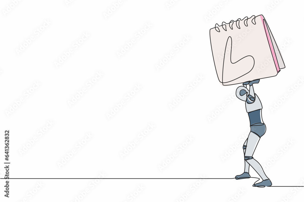 Aufkleber single one line drawing tired robot carrying heavy calendar on his back. cyborg with work problem an
