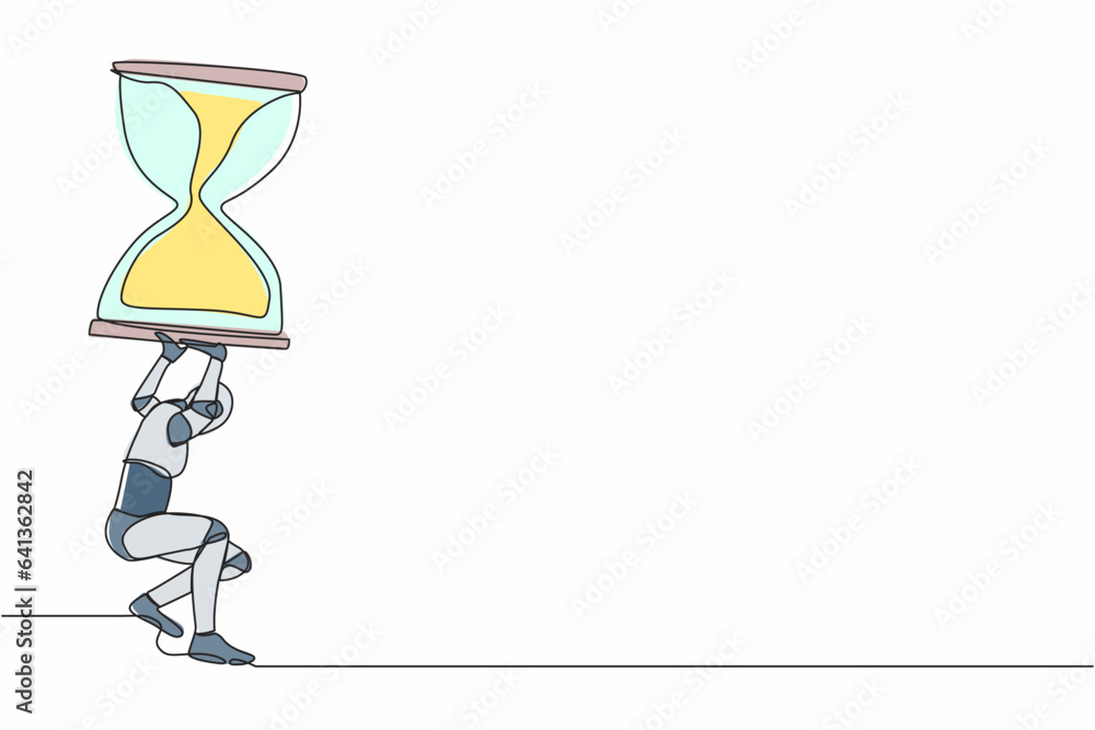 Poster single continuous line drawing of tired robot carrying heavy hourglass on his back. robot with deadl