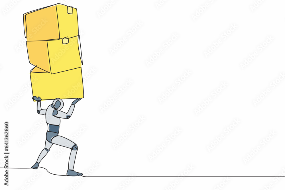 Aufkleber single continuous line drawing of tired robot carrying heavy pile of box on his back. overworked cyb