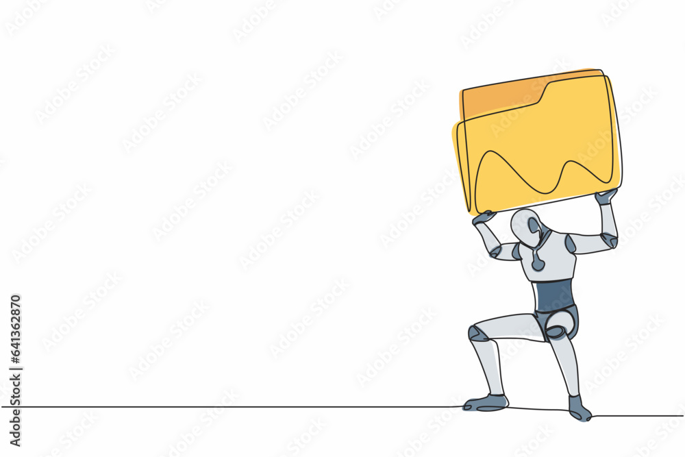 Aufkleber single one line drawing tired robot carrying heavy folder icon on his back. frustrated cyborg due to