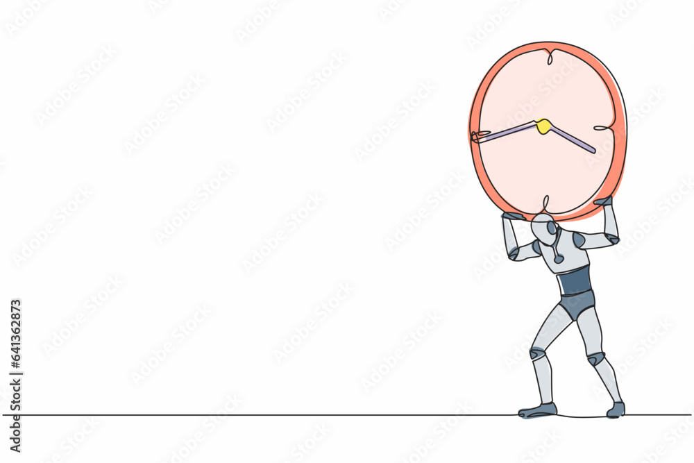 Poster single one line drawing tired robot carrying heavy clock on his back. robot work within deadline and
