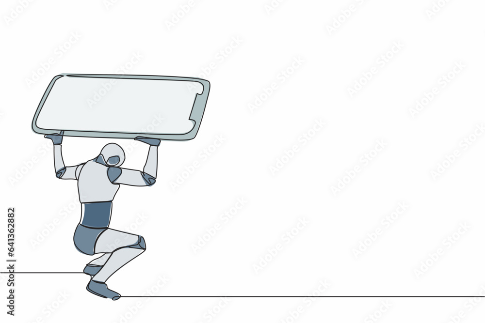 Poster continuous one line drawing tired robot carrying heavy smartphone on his back. frustration due to ov