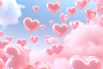 Many pink hearts floating in the sky and clouds. Pink raindrops. Pastel. 3d illustration.