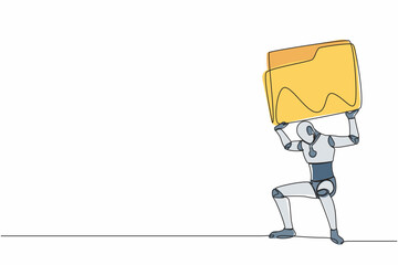 Single one line drawing tired robot carrying heavy folder icon on his back. Frustrated cyborg due to overload of work. Robotic artificial intelligence. Continuous line draw design vector illustration