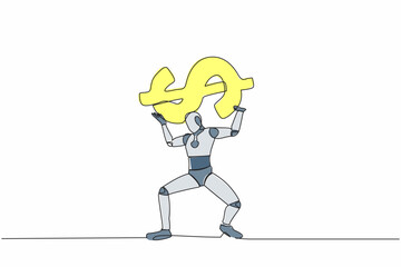 Single continuous line drawing tired robot carrying heavy dollar symbol on his back. Overworked robot in economic crisis, debt pressure. Cyborg development. One line graphic design vector illustration