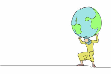 Single continuous line drawing Arab businesswoman carrying heavy globe on her back. Global warming responsibility, world leader commitment to take care our planet. One line design vector illustration