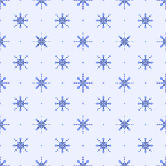 In this seamless pattern, blue diamonds are arranged to form a circle of crystals, surrounded by blue circle dots. Place it on light blue background, looks strange.