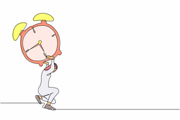 Continuous one line drawing Arabian businessman carrying heavy alarm clock on his back. Tired worker with work pressure or business project target. Single line draw design vector graphic illustration