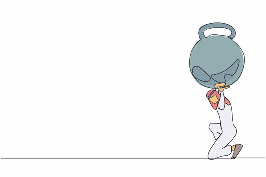 recommend clip art: Single continuous line drawing Arab businessman carrying kettlebell on his back. Stressed due to heaviness in business life. Overwork, time management. One line draw graphic design vector illustration