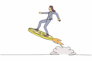 Continuous one line drawing businesswoman riding dollar coin rocket flying in sky. Financial planning for increase income, business opportunity to success. Single line draw design vector illustration