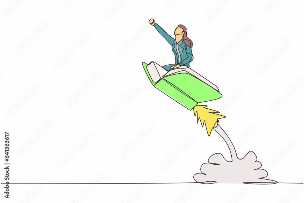 Aufkleber single continuous line drawing businesswoman riding open book rocket flying in sky. launch new libra