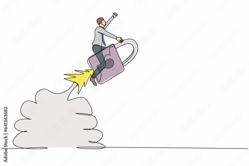 Poster single one line drawing of businessman riding padlock rocket flying in the sky. improve startup busi