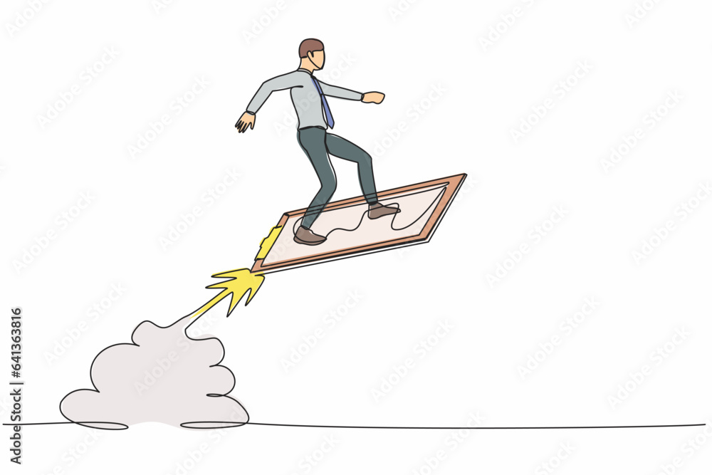 Aufkleber continuous one line drawing businessman riding clipboard rocket flying in the sky. analyze data at l