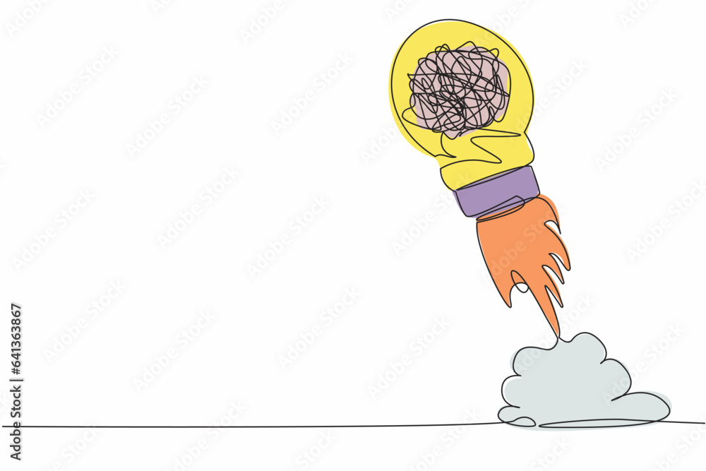 Poster single continuous line drawing messy line launching with light bulb. searching and thinking of idea 