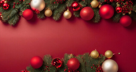 Fototapeta na wymiar Christmas mood. Horizontal composition of red balls, garlands on Christmas tree branches on a red background