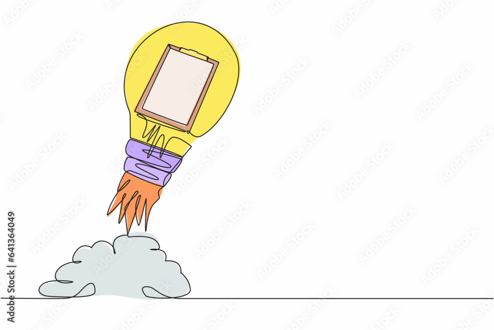 Aufkleber continuous one line drawing of clipboard launching with light bulb. checklist with results of social
