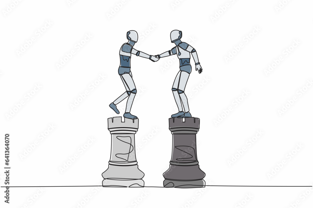 Aufkleber single one line drawing robot leader shaking hand on rook chess. collaboration strategy in tech indu