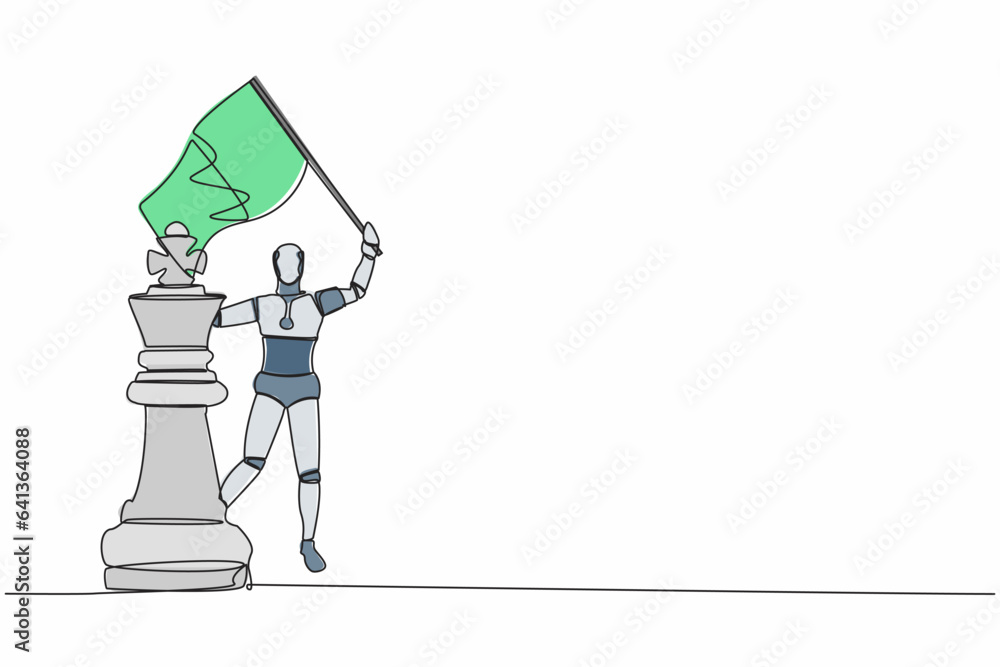 Aufkleber continuous one line drawing robot waving flag on king chess piece metaphor of win competition. human