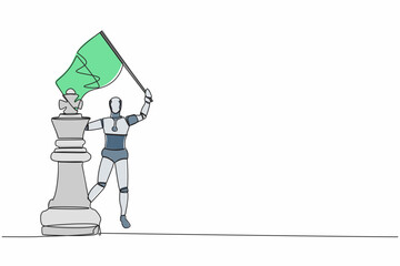 Continuous one line drawing robot waving flag on king chess piece metaphor of win competition. Humanoid robot cybernetic organism. Future robot development. Single line draw design vector illustration