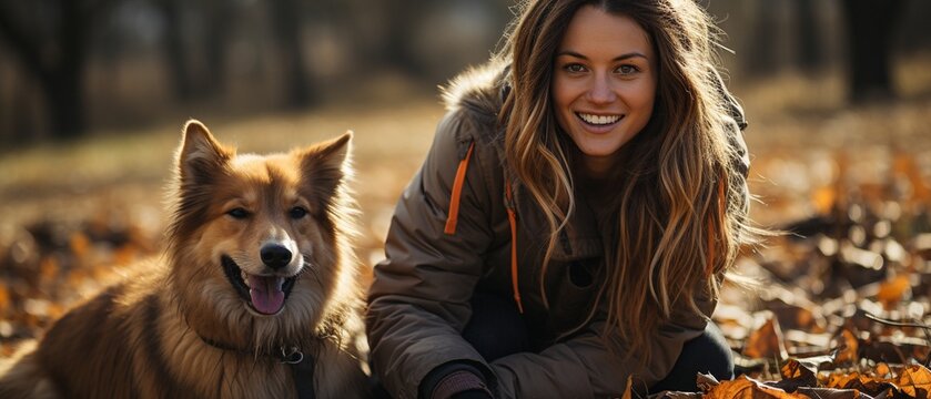 A woman is seen interacting amicably with her active beagle puppy..