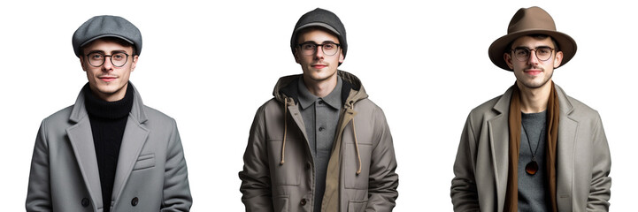 Naklejka premium Stylish young man in trendy clothes hat and glasses posing alone on transparent background representing youth casual fashion and emotions
