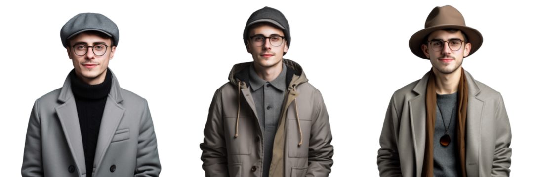 Stylish young man in trendy clothes hat and glasses posing alone on transparent background representing youth casual fashion and emotions - Powered by Adobe