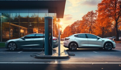 electric car charging on city streets. EV charging on street electric power supply station with power cable. 3d render generative AI