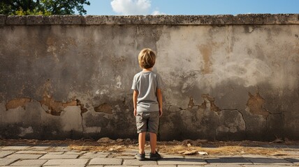 Boy facing a wall while erect.
