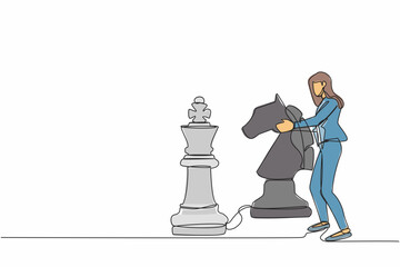 Single one line drawing businesswoman holding horse chess piece to beat king chess. Business development strategy, winning competition, tactics in game. Continuous line draw design vector illustration