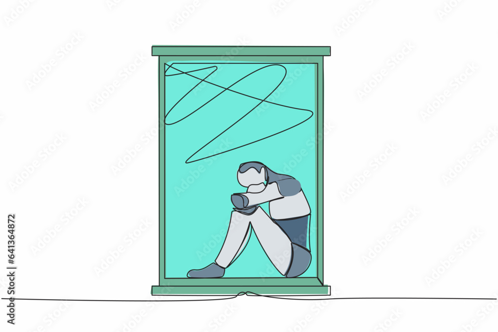 Poster single one line drawing of frustrated robot sitting on windowsill. depression, stress, despair, tech