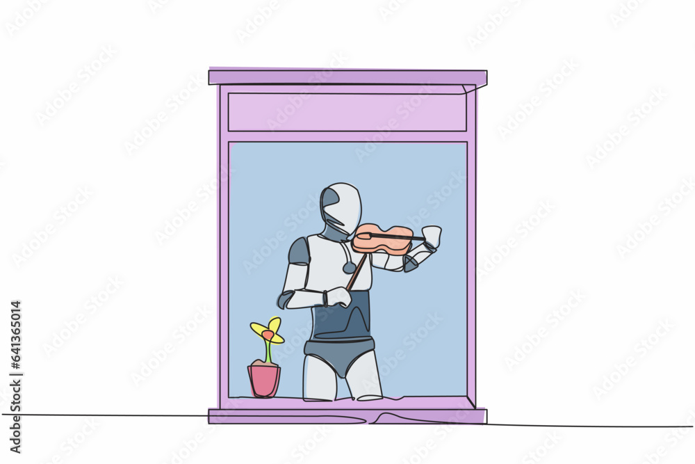 Poster single continuous line drawing robot musician standing near window and playing violin in room at hom