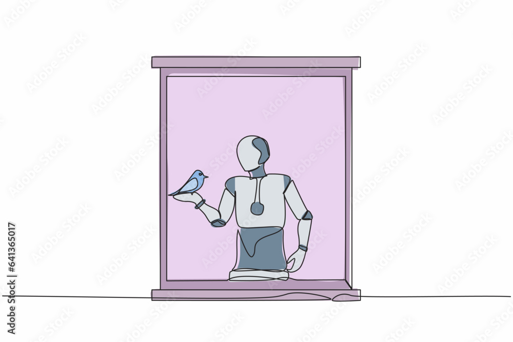 Poster single one line drawing robot with bird pet on his hand. open window, looking for fresh air. robotic