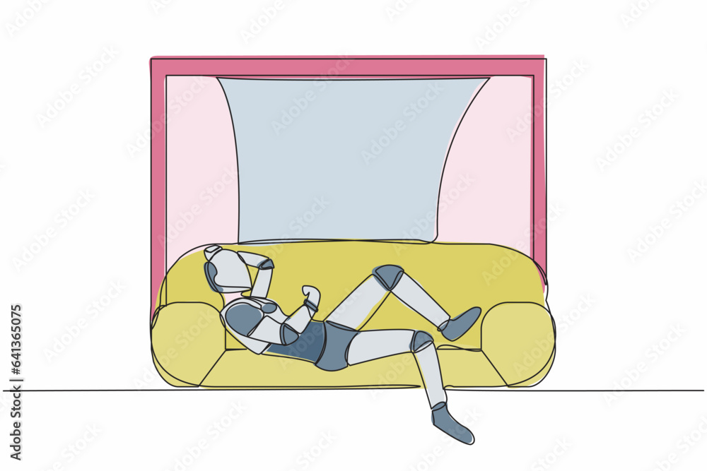 Poster single one line drawing robot lying on sofa near windowsill at home. spending time, relaxing after w