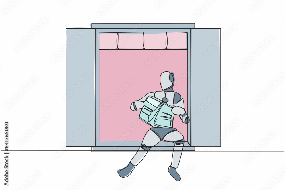 Aufkleber continuous one line drawing of relaxed robot sitting on windowsill and reads newspaper. cozy balcony
