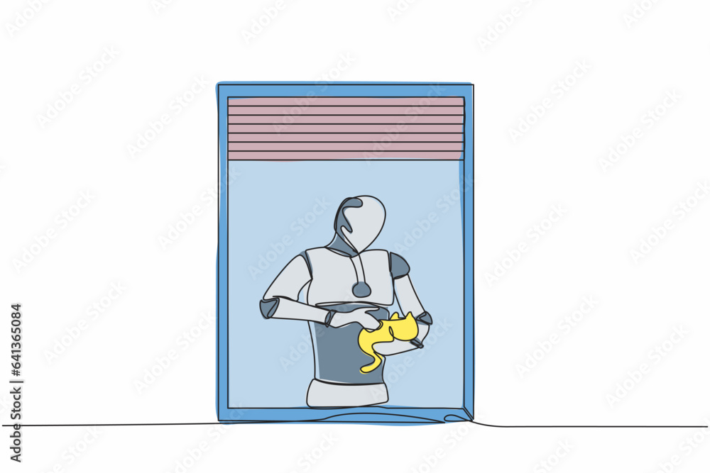 Poster single one line drawing of robot with plant holding cat and looking through window. robotic artifici