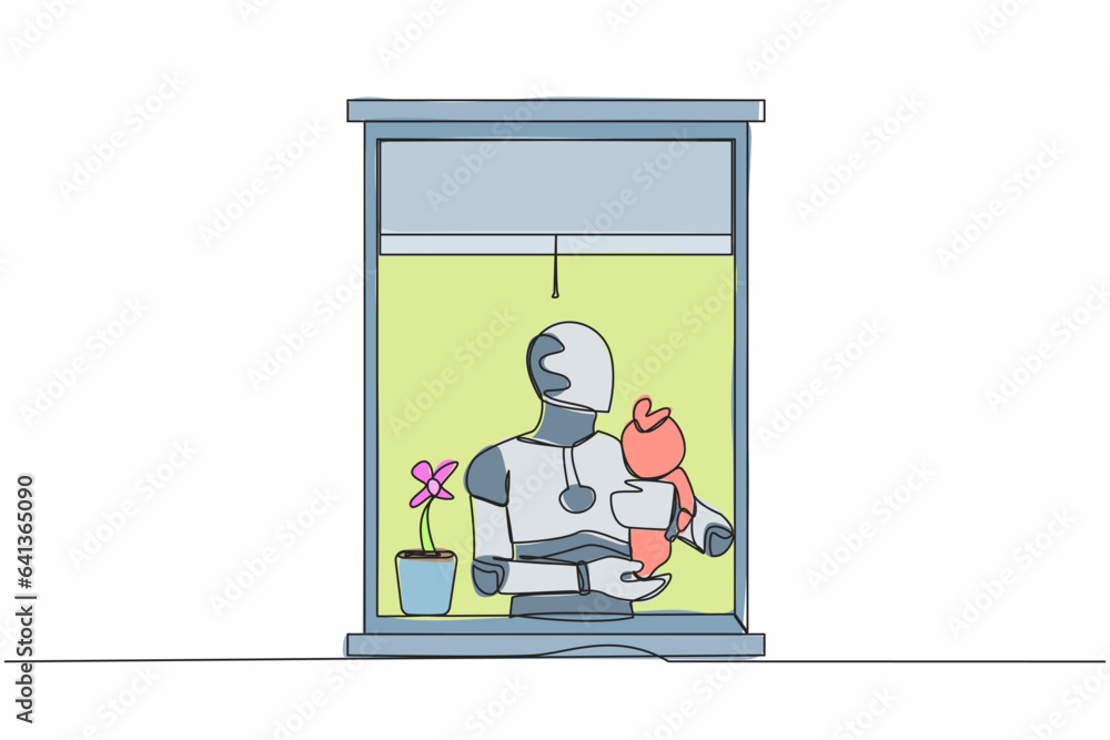 Poster single continuous line drawing robot holding newborn baby cyborg near window. future technology deve