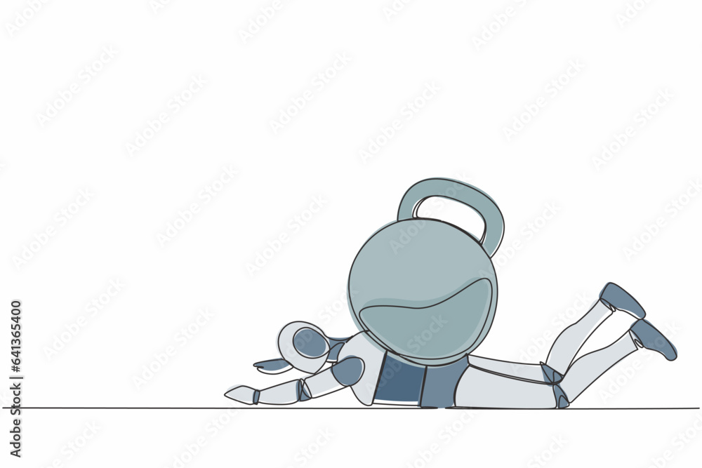 Poster single continuous line drawing stressed robot under heavy kettlebell burden. financial crisis and cr